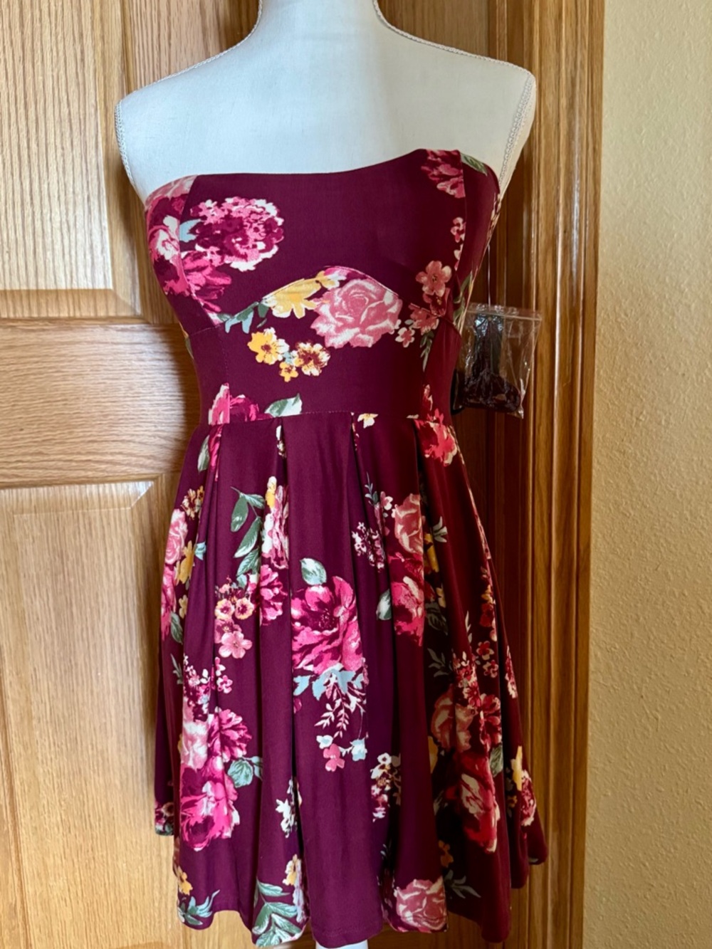 No Boundaries Burgundy Floral Strapless Skater Dress